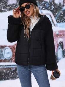 SHEIN LUNE Teddy Panel Drop Shoulder Drawstring Hooded Zipper Padded Padded Coat Clothes Winter - Black - View 6