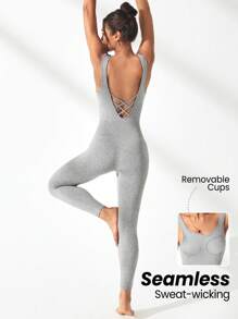 Lifespree Không lưng Chi tiết chéo Áo liền quần - Xám - Xem 1