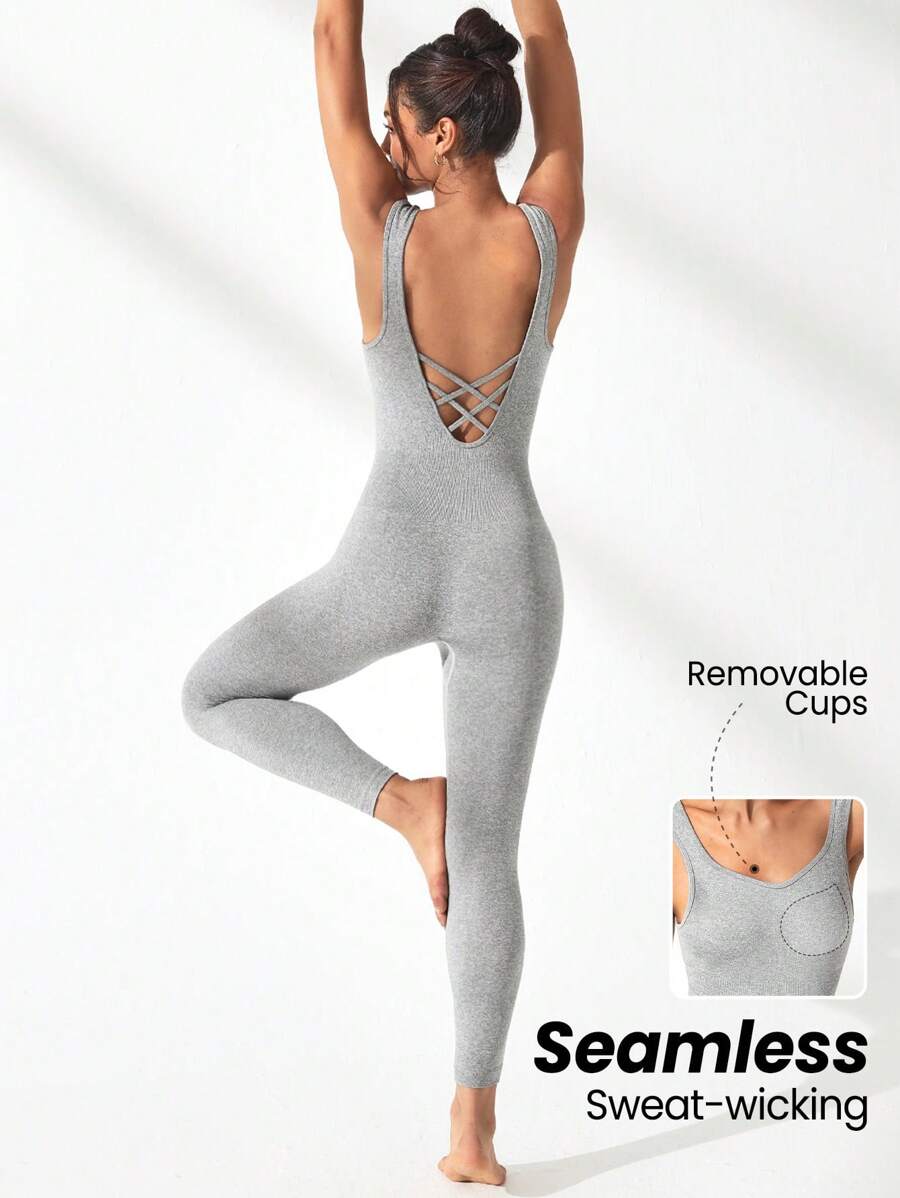 Lifespree Không lưng Chi tiết chéo Áo liền quần - Xám - Xem 1