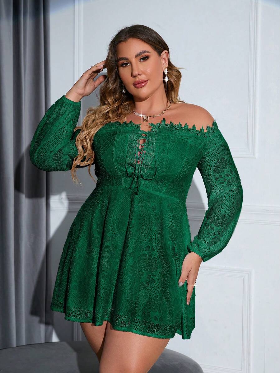 Double Crazy Váy ren hở vai, dây chéo, màu trơn thanh lịch cho tiệc cocktail, cỡ lớn mùa hè dành cho nữ - Màu xanh lá cây đậm - Xem 1