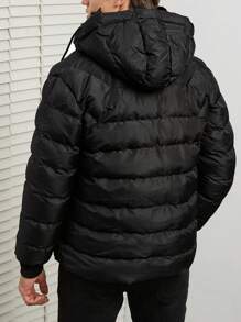 SHEIN Cottnline Men Slant Pocket Hooded Puffer Coat - Black - View 2