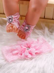 Beborn Baby Girl Rhinestone Decor Lace Socks & Headband Photography Set - Pink - View 1