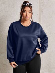 SHEIN EZwear Kích thước lớn Thả vai Áo nỉ Với Cánh In Trở lại - Màu xanh hải quân - Xem 2