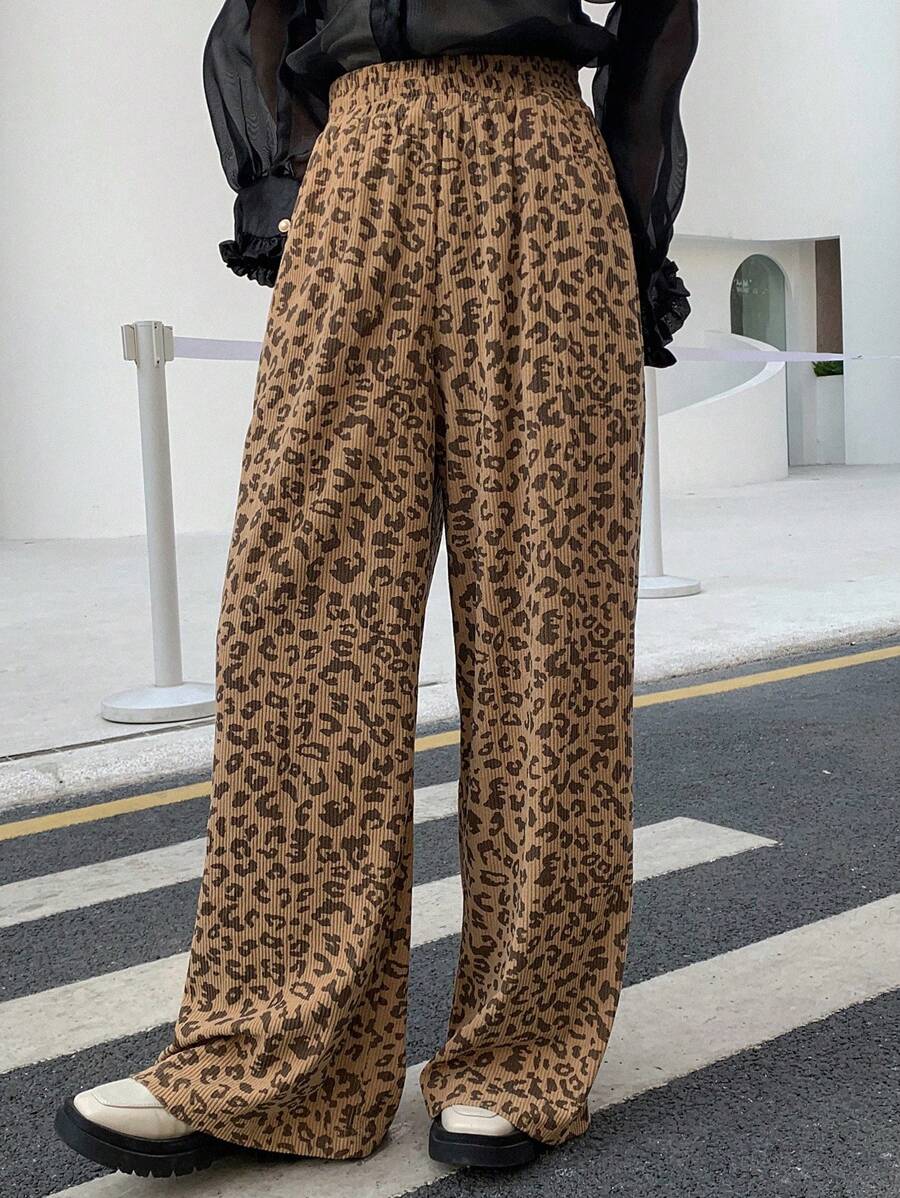 FRIFUL Women's Leopard Print Wide Leg Pants - Khaki - View 1