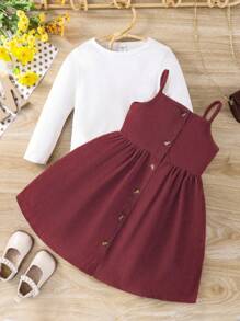 SHEIN 2入組少女休閒長袖肋紋圓領上衣和灯芯絨鈕扣吊帶裙冬季套裝 - 酒紅色 - 查看 5