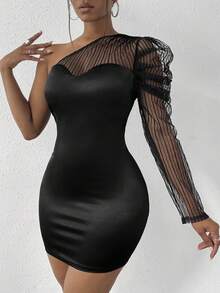 SHEIN SXY One Shoulder Sheer Mesh Spliced Bodycon Dress - Black - View 4