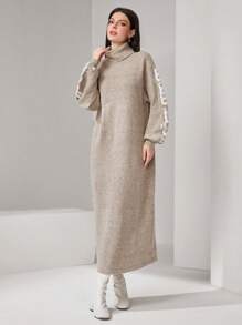 Mulvari High Neck Sweater Dress With Text Pattern - Apricot - View 5