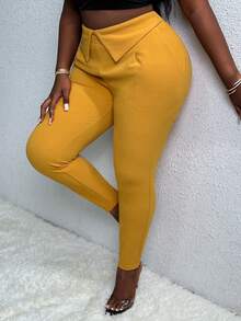 Slaydiva Plus Foldover Waist Skinny Pants - Yellow - View 2