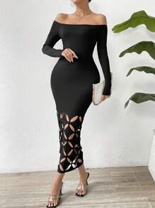 Rafferiza Đầm Ôm Body Khoét Hở Vai Maxi Trang Phục Nữ - màu đen - Xem 4