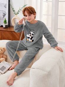 SHEIN 男孩卡通熊貓刺繡法蘭絨睡衣套裝 - 灰色 - 查看 4