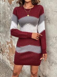 SHEIN LUNE Của phụ nữ Zigzag Pattern Áo len dệt kim Đầm - Đỏ - Xem 5