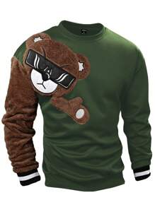 Manfinity Homme Loose Fit Men's Round Neck Pullover With Bear Embroidery - Army Green - View 3