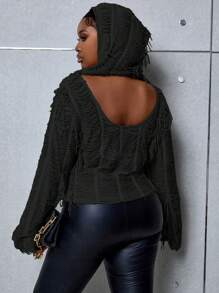 Maweii 女士大碼圓領流蘇開背連帽t恤 - 黑色 - 查看 1