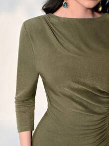 Modelyn Solid Ruched Bodycon Dress - Army Green - View 5