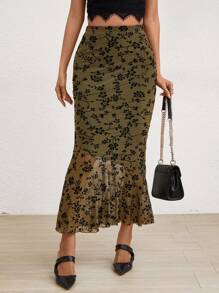 SHEIN Privé Hoa In Đuôi cá Hem Nhìn xuyên qua Váy - Màu xanh Ô liu - Xem 1