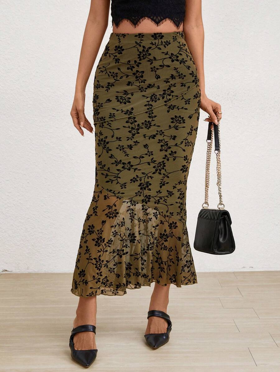 SHEIN Privé Hoa In Đuôi cá Hem Nhìn xuyên qua Váy - Màu xanh Ô liu - Xem 1