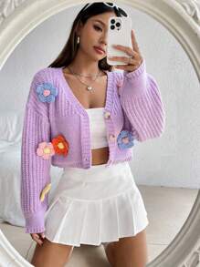 SHEIN Qutie 立體花卉落肩袖開襟衫 - 彩色 - 查看 3