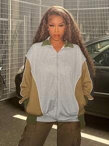 Slaydiva 撞色拉鏈開襟落肩袖運動衫 - 彩色 - 查看 1