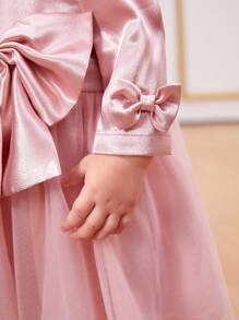 SHEIN 嬰幼兒女寶寶優雅的緞帶蝴蝶結+網紗褶皺長袖洋裝 - 粉色 - 查看 3