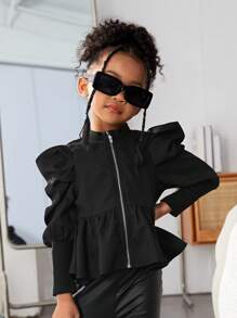 SHEIN Young Girl Gigot Sleeve Ruffle Hem Blouse - Black - View 1