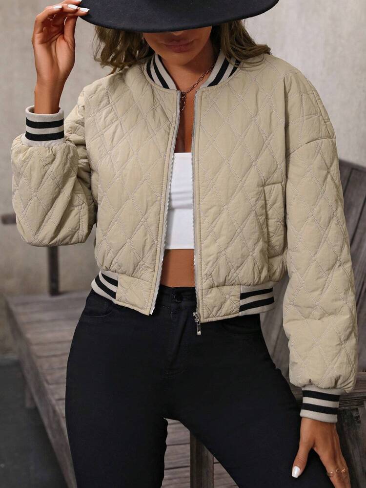 Women Zip Up Striped Trim Winter Clothes Puffer Coats