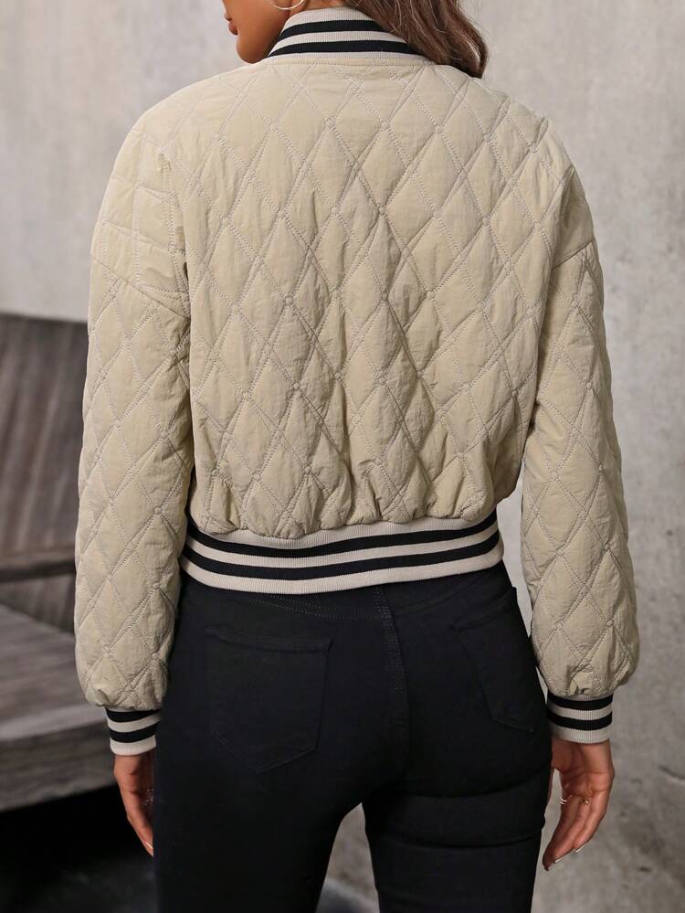 Women Zip Up Striped Trim Winter Clothes Puffer Coats