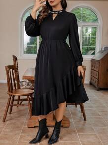 Calvaya Talla grande con perla Decoración de manga farol Vestido con bajo con fruncido - Negro - Ver 5