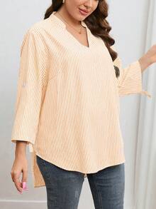 SHEIN LUNE Của phụ nữ Kích thước lớn Sọc Áo sơ mi Với Khía Đường viền cổ áo - trái cam - Xem 6