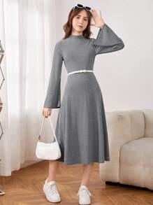 SHEIN 女性青少年針織肋紋立領喇叭袖休閒連身裙