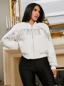 SHEIN SXY New Year'S Eve Party Sexy Clubwear Fringe & Sparkly Sequin Decor Fluffy Coat - White - View 7