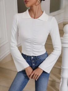 Zolique Solid Ruched Front Sweater Knit Pullover Fall Winter Outfit - White - View 1