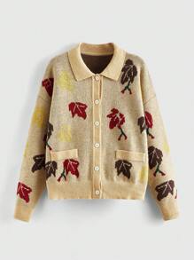 ROMWE Fairycore 紅色中式花型開襟衫,翻領式,單排扣 - 彩色 - 查看 1