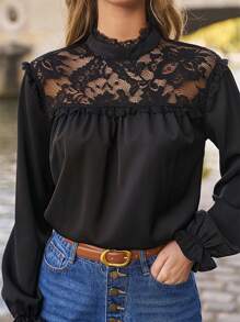 SHEIN Frenchy 女士蕾絲拼接燈籠袖襯衫 - 黑色 - 查看 6