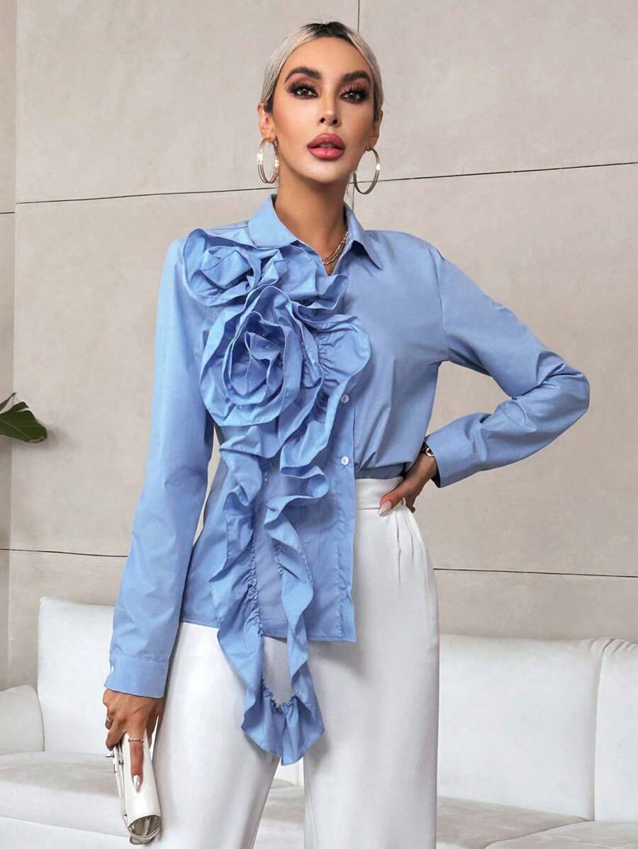 SHEIN Privé Ladies' Solid Color Lace Trimmed Decor Shirt - Blue - View 1