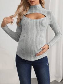 SHEIN 孕婦小立領針織羅紋質感紋理T恤帶鏤空細節 - 灰色 - 查看 3