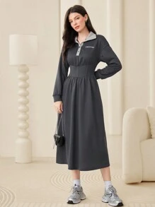 Seusyu 女士字母刺繡拼接有領高腰連衣裙 - 彩色 - 查看 5