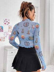 SHEIN EZwear Women's Mesh Top With Cat Print - Multicolor - View 3