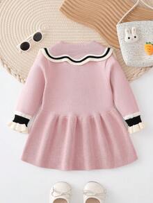 Đứa bé gái Sọc trang trí Cổ tròn tay áo lá sen Xù Hoa Sen Đầm Áo len - Hồng - Xem 2