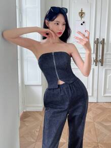 SHEINNeu 拉鍊管型上衣及彈性腰帶褲子 - 藍色 - 查看 4