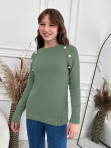 RueChic Teen Girls' Button Up Raglan Sleeve Sweater - Green - View 5