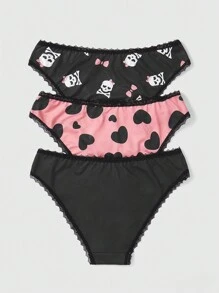 ROMWE Kawaii 3pcs Lace Trimmed Skull & Heart Print Panties - Multicolor - View 2