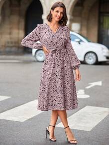 SHEIN Clasi 女士波點印花燈籠袖連腰帶連衣裙 - 粉色 - 查看 5