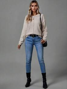 SHEIN LUNE 圓領超大毛衣帶落肩袖 - 杏色 - 查看 4