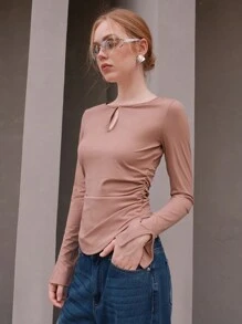 Anewsta Camiseta de cuello con abertura de ojo fruncido - Gris - Ver 7