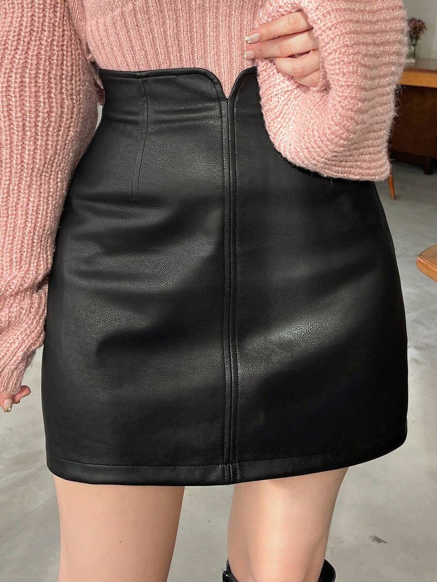 FRIFUL 纯色PU皮裙 冬季女裙 - 黑色 - 查看 1