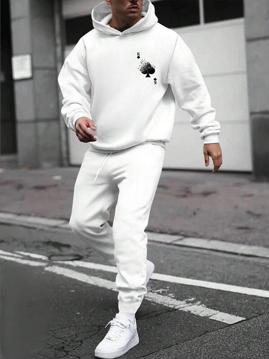 RueChic Men's Poker Pattern Hoodie And Sweatpants Set - White - View 1