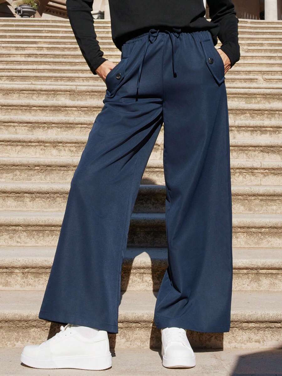 SHEIN Frenchy Drawstring Waist Wide Leg Pants - Navy Blue - View 1