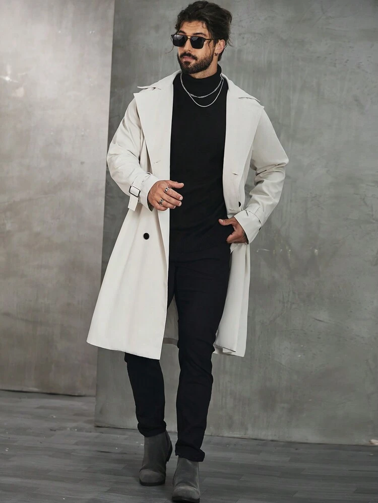 Men's Plus Size Solid Color Double Breasted Trench Coat With Waist Belt