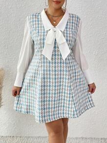 SHEIN Franclia 大碼格紋印花繫帶領假兩件洋裝 - 彩色 - 查看 3