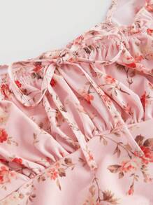 SHEIN MOD Floral Print Lace Trim Ruched Bust Tie Front Flare Sleeve Tee - Pink - View 4